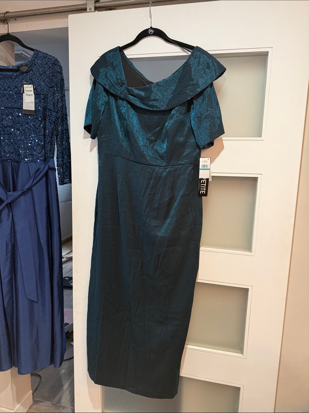 Alex Evenings Teal Shimmer Off-Shoulder Midi Dress